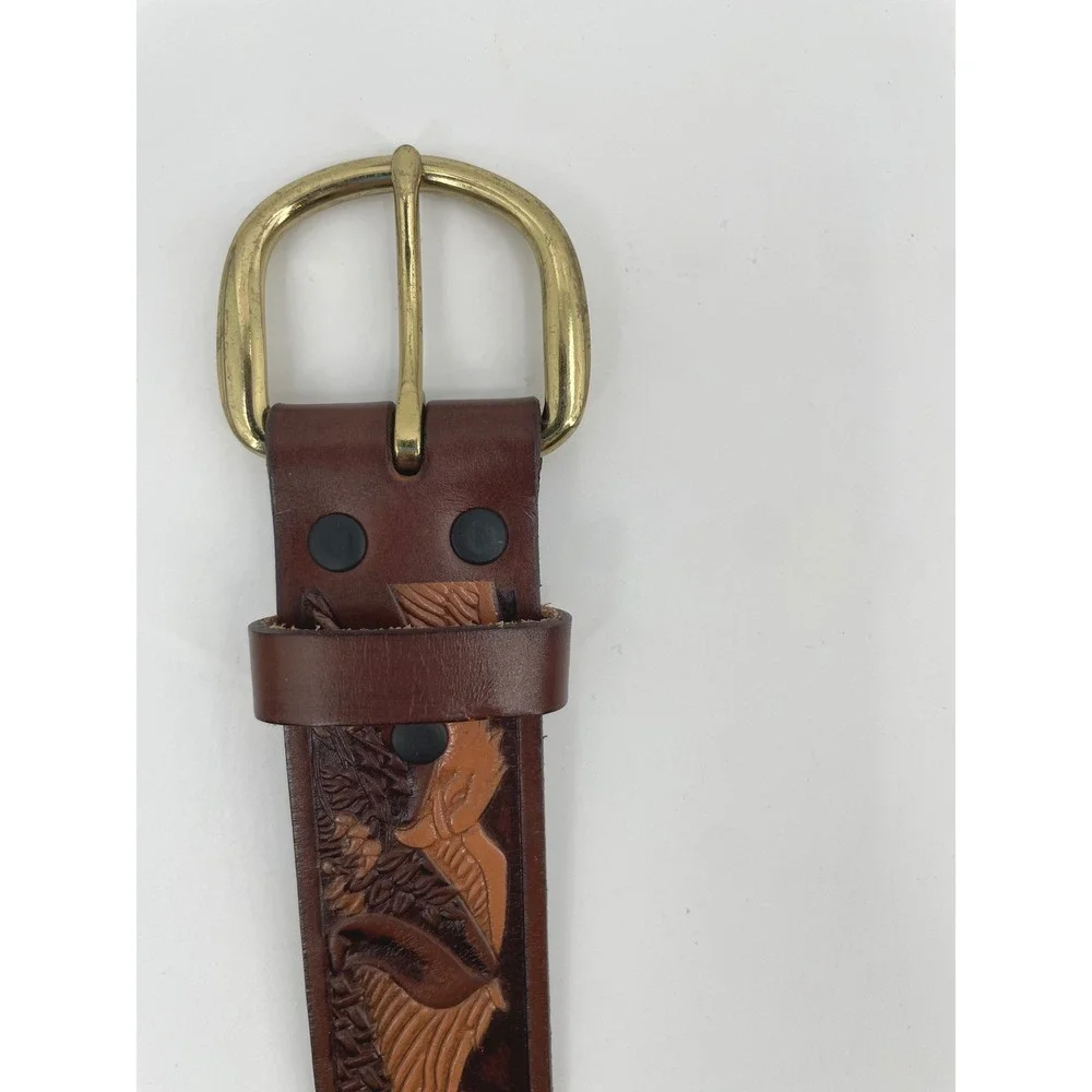 Vintage Western Belt Mens 50 Brown Top Grain Leather Tooled Eagle Brass Buckle